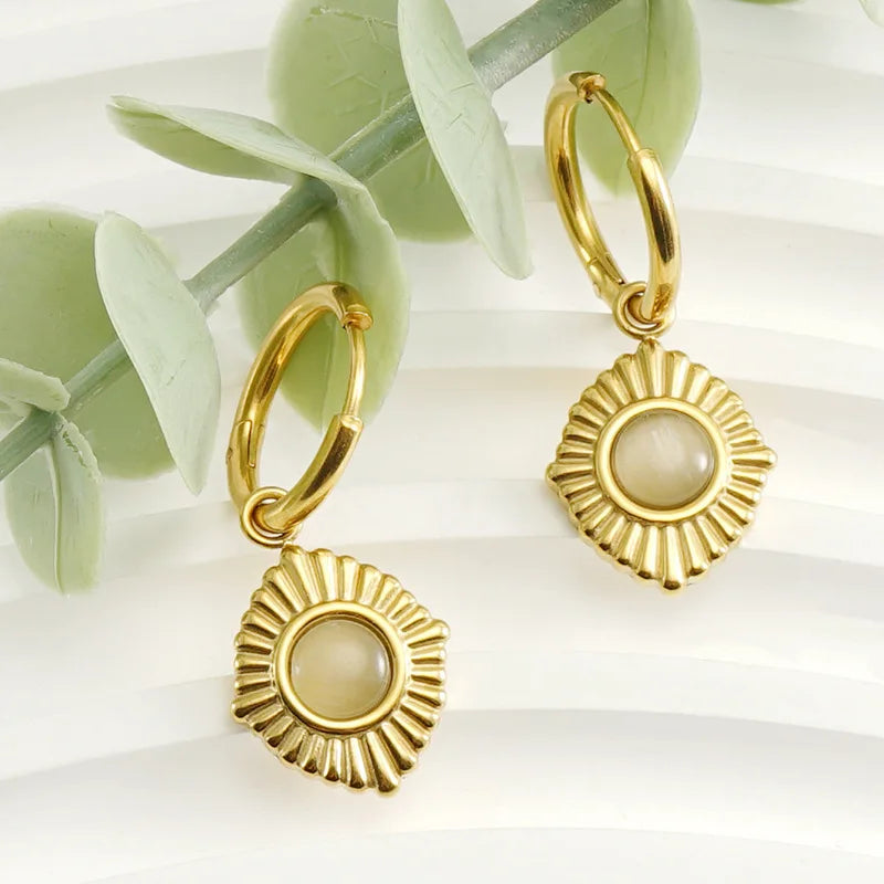 Designer Waterproof Stainless Steel 18k Gold Plated Cat's Eye Stone Charm Earring Popular Brands Jewelry Women