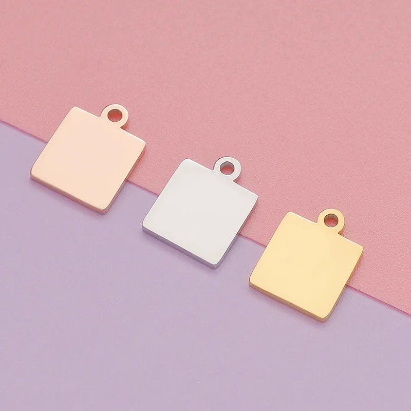 New Simple 18k Gold Plated Stainless Steel Custom Logo Engrave Blank Disc Square Charms 10mm