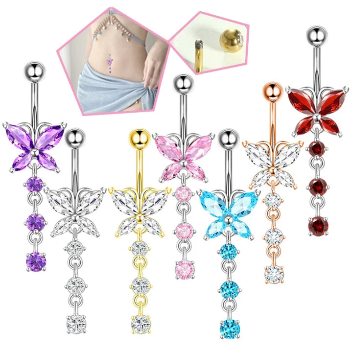 Chic Women's Stainless Steel Silver Plated Crystal Butterfly Belly Button Ring Dangle Navel Piercing Wedding Gift