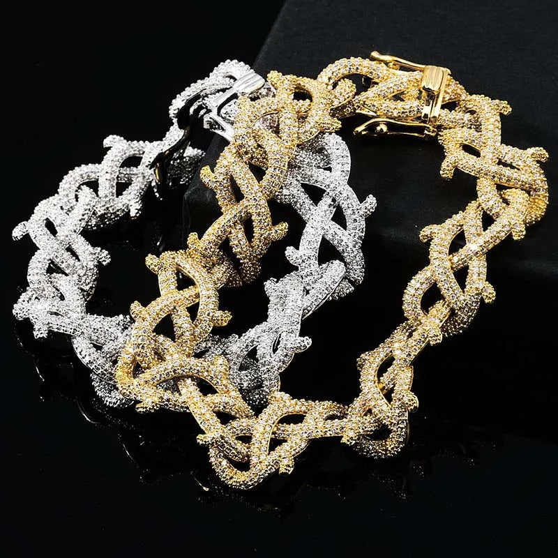 Unisex Iced Thorns Bracelet with Zircon Cuban Chain Streetwear Barbed Wire Bramble Men's Zirconia Bangle Jewelry