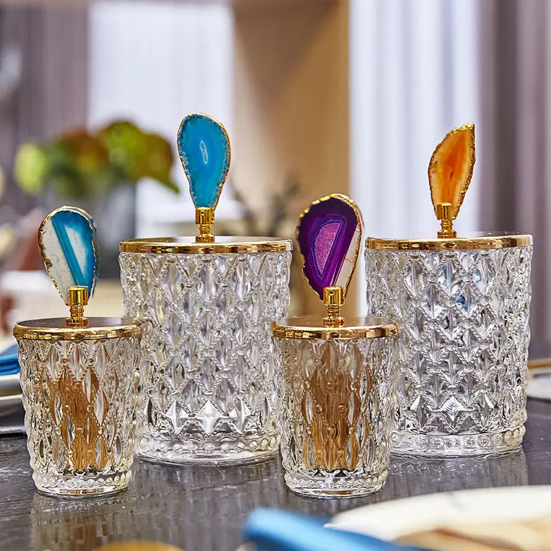 Luxury Elegant Gold Agate Household Toothpick Cotton Container Jewelry Storage Box Glass Candy Jar