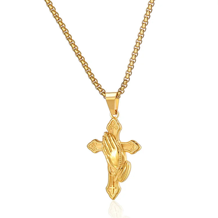 Popular Unisex Jewelry Prayer Hand Necklace Stainless Steel Cross Pendant Necklace