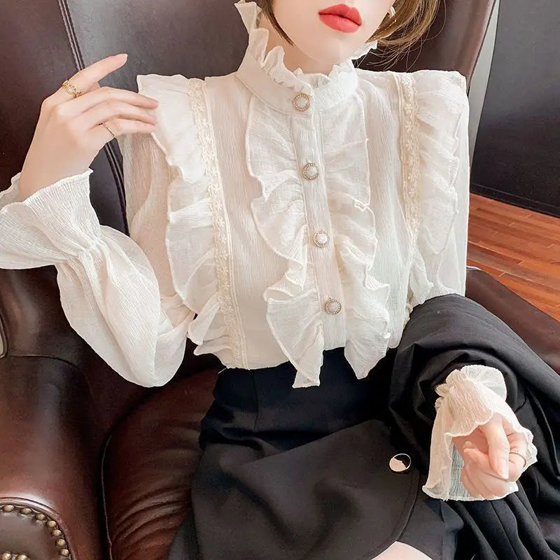 Korean Ruffle Lace Chiffon Shirt Elegant Sweet Chic Long Puff Sleeve Women Blouse Apricot Tops Stand Collar Clothes