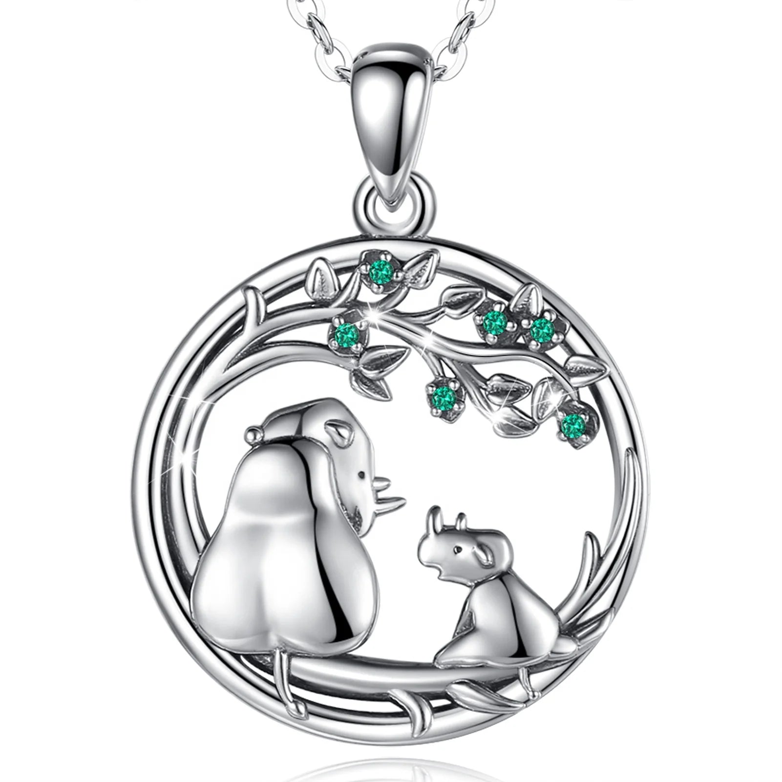 Merryshine 925 Sterling Silver Tree of Life African Rhino Animal Rhinoceros Pendant Necklace