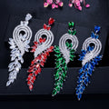 High Quality White Gold Color Austrian CZ Long Leaf Shape Bridal Banquet Red Green Drop Earrings for Women Cubic Zircon Jewelry
