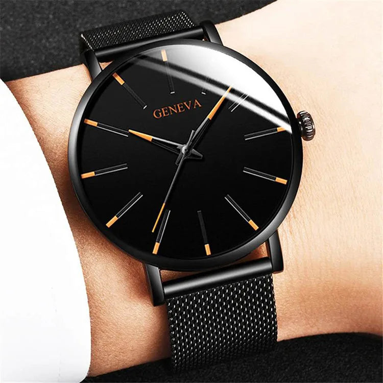GENEVA Minimalist Watch for Men Top Reloj Luxury Ultra Thin Quartz Wristwatches Casual Business Steel Mesh Belt Men's Watches