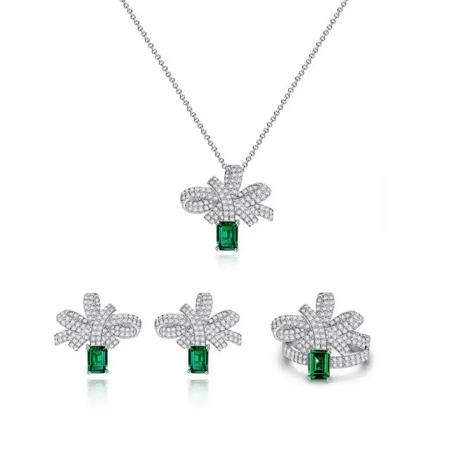 Luxurious Bowknot Shape Lab Grown Emerald Green Sterling Silver Necklace Earring Ring Jewelry Set Wedding Engagement Gift Party