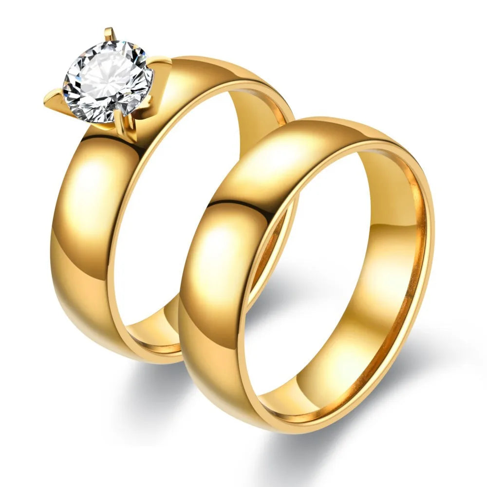 Factory Wholesale Couple Ring Set Gift Weddings and Engagement Gold Matte Four-claw Zircon Stainless Steel Couple Rings
