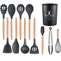 Silicone Cooking Utensils Set Kitchen Utensils for Cooking with Holder Wooden Handle Silicone Utensils Spatula Set for Cooking