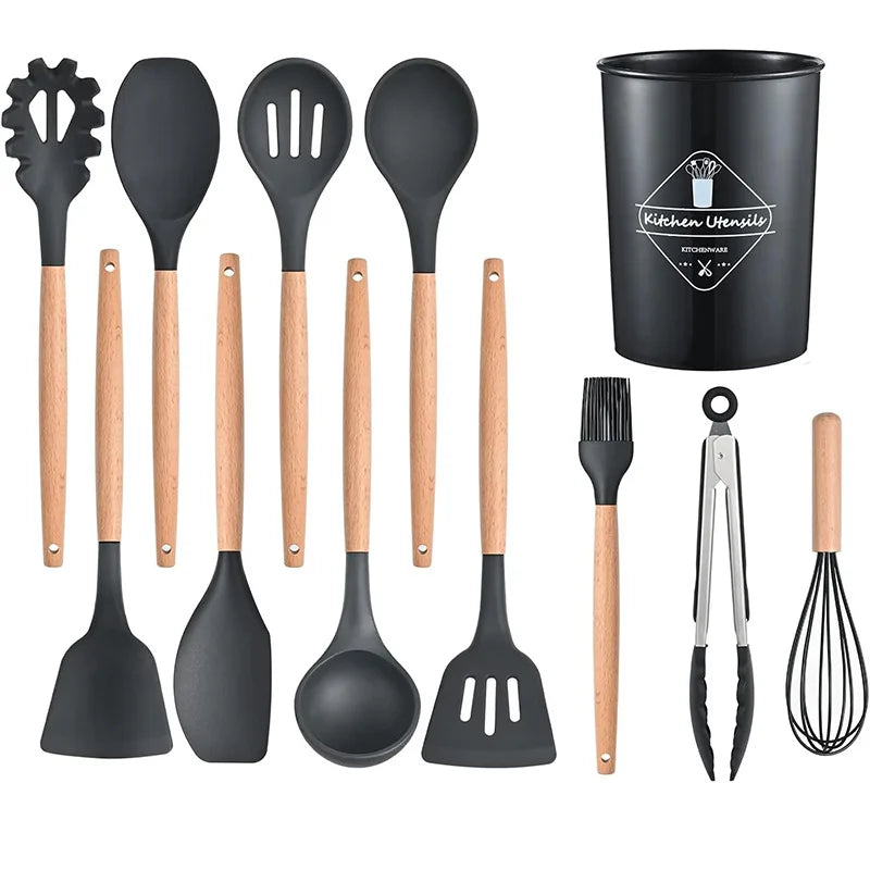 Silicone Cooking Utensils Set Kitchen Utensils for Cooking with Holder Wooden Handle Silicone Utensils Spatula Set for Cooking