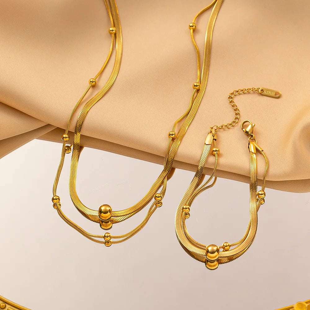 Non Tarnish 18k Gold Plated Necklace Bracelet Titanium Steel Flat Snake Chain Round Bead Clavicle Layers Chain Necklace Bracelet