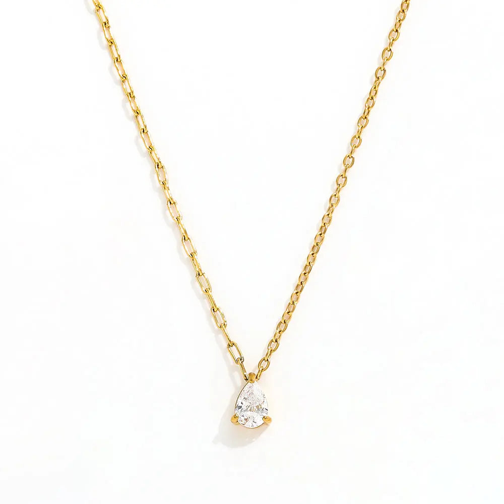 Joolim 18K Gold Plated Non Tarnish Waterproof Cubic Waterdrop Zirconia Paper Pin Mixed Chain Pendant Stainless Steel Necklace