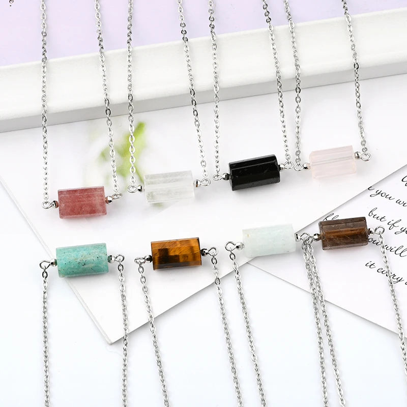 Stainless Steel Natural Crystal Cylinder Bead Necklace 16-10mm Big Cylinder Stone Bead Chain Necklace