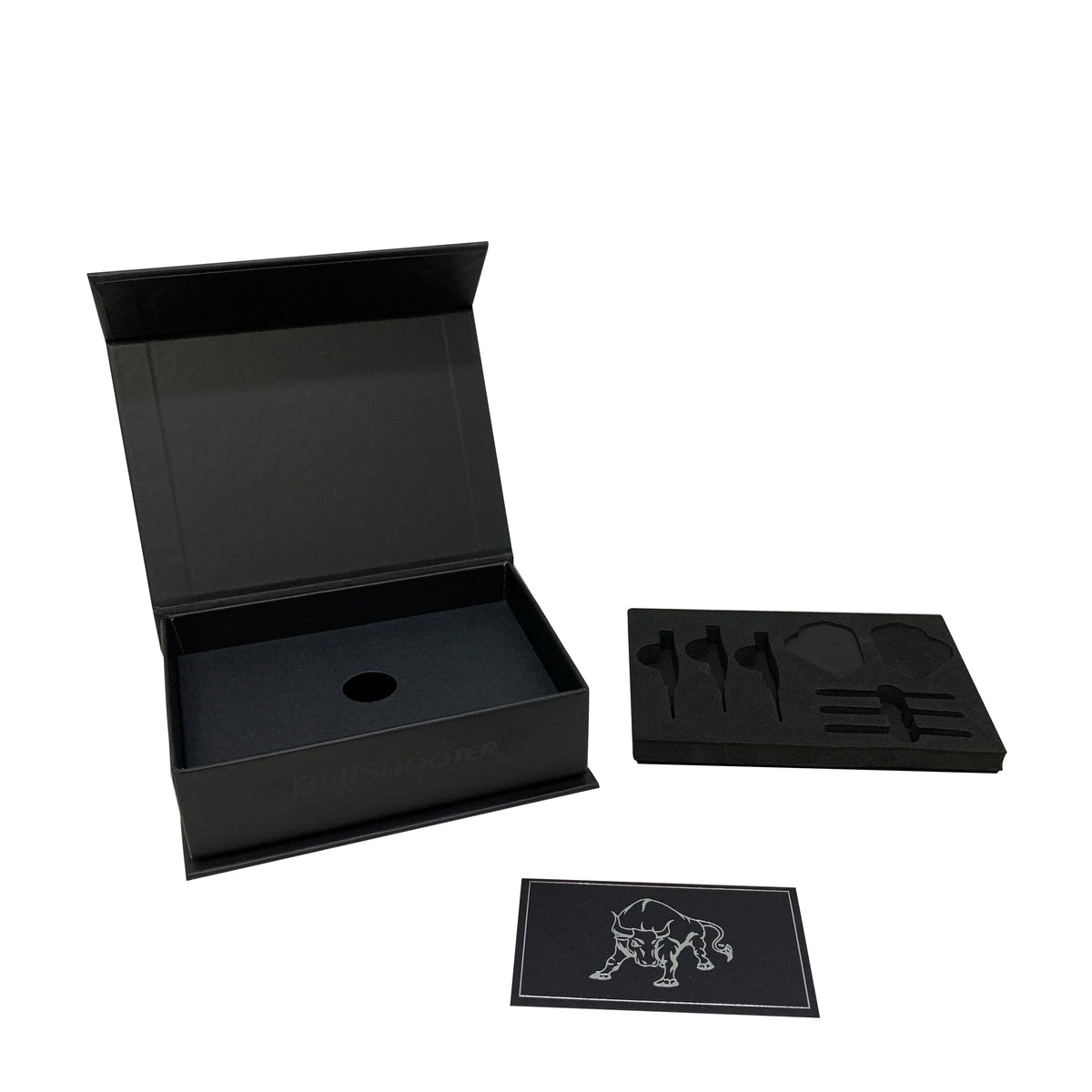 Custom Matte Black Magnetic Biodegradable Rigid Cardboard Box UV Coating Sponge Liner Featuring Embossed Spot UV Logo Darts