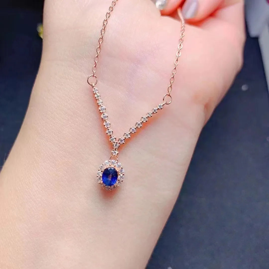 Factory Supply Hug Long Beaded 925 Sterling Silver Oval Cut Natural Sapphire Lariat Pendant Necklace