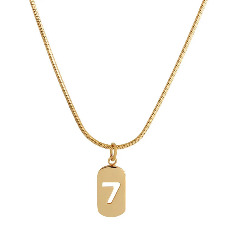Temperament Ins Simple Wind Lucky Number 7 Stainless Steel Necklace 18-carat Gold Openwork square Pendant Collarbone Chain