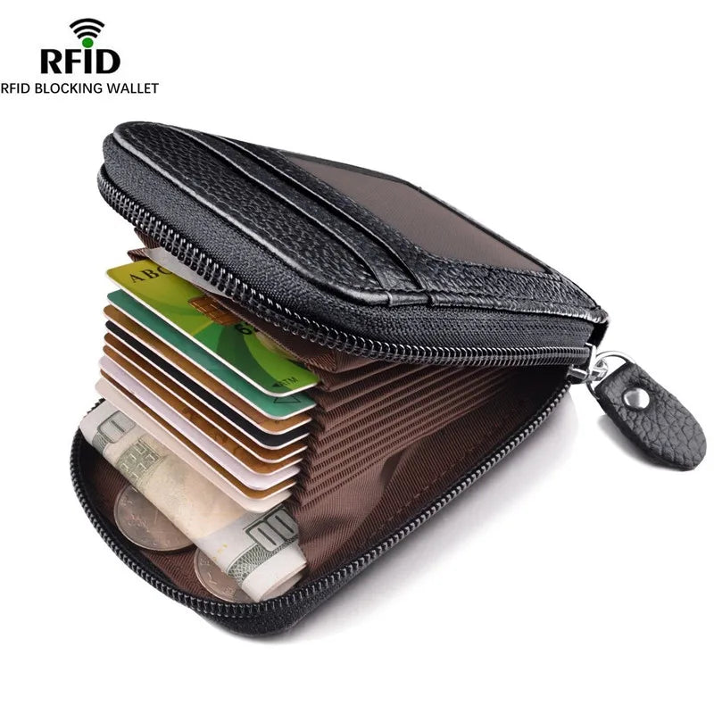 Men's Wallet Genuine Leather Credit Card Holder RFID Blocking Zipper Pocket Men Bag