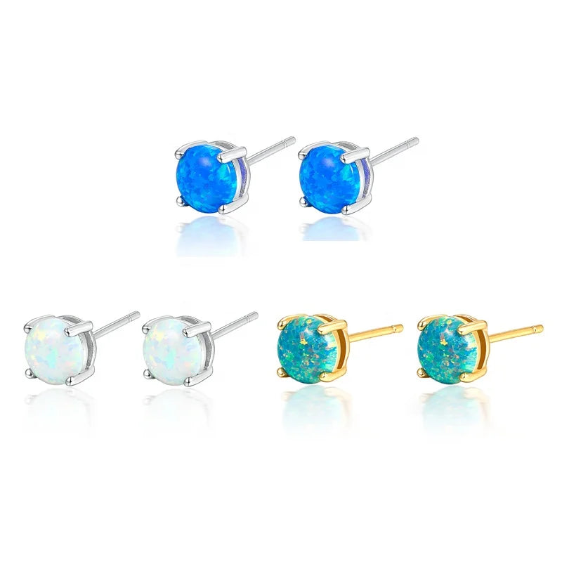 6mm Four Claw Setting Green Blue White Opal Earrings Gold Plated Jewelry Women 925 Sterling Silver Piercing Stud Earrings