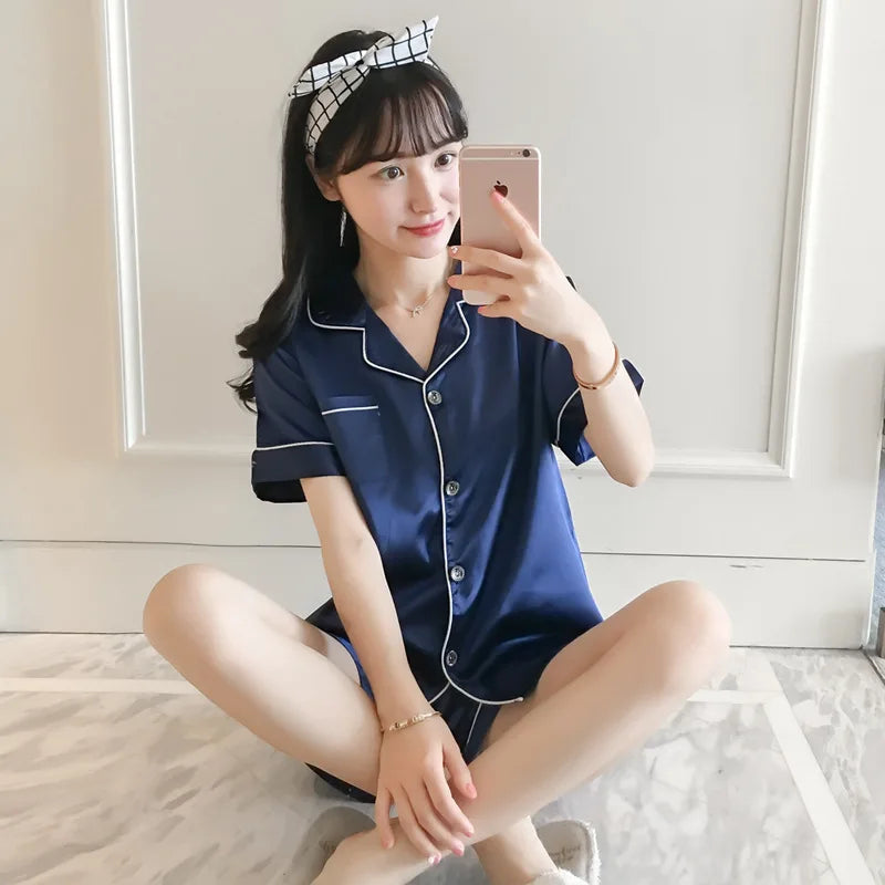Wholesale Sexy Satin Short Pajamas Set Home Clothing with Elastic Waist Closure Thin Silk Short Sleeved