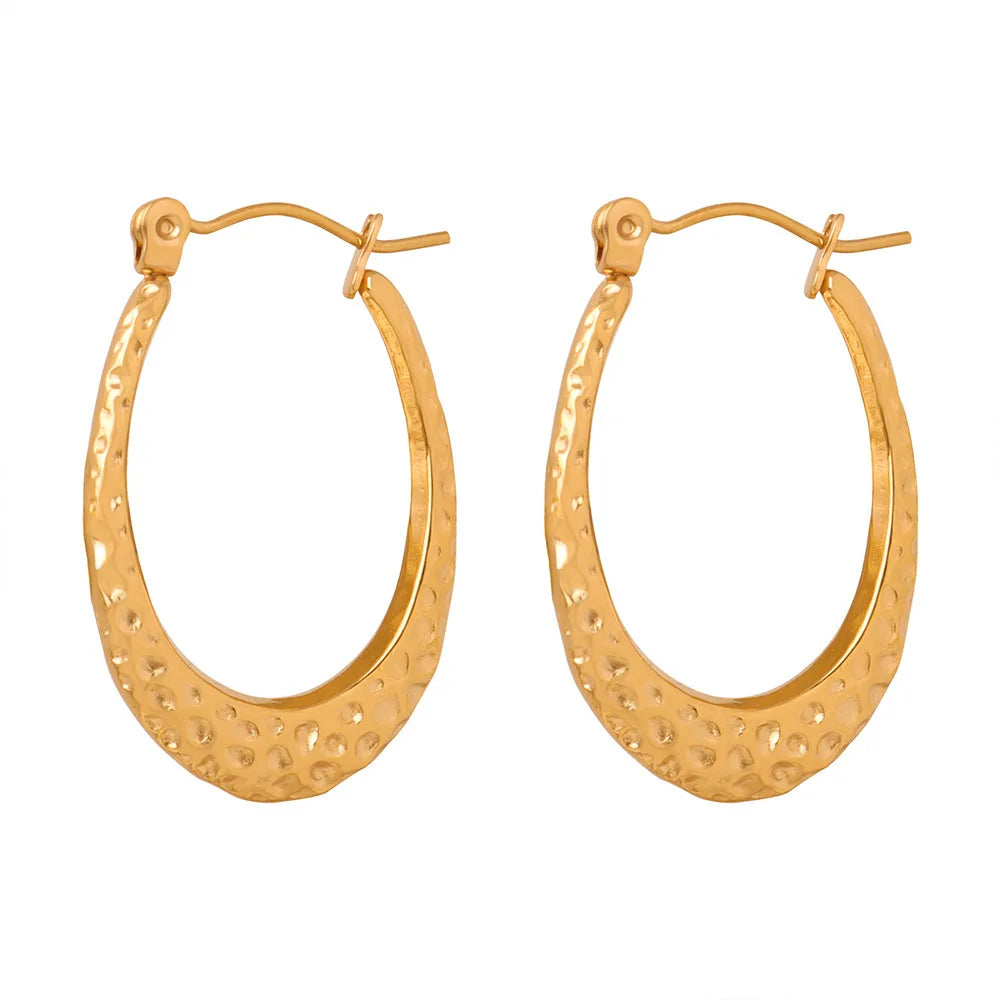 European American Ins Hammered Texture Design Titanium Steel 18K Gold Plating U-Shaped Earrings Jewelry for Women Non Tarnish
