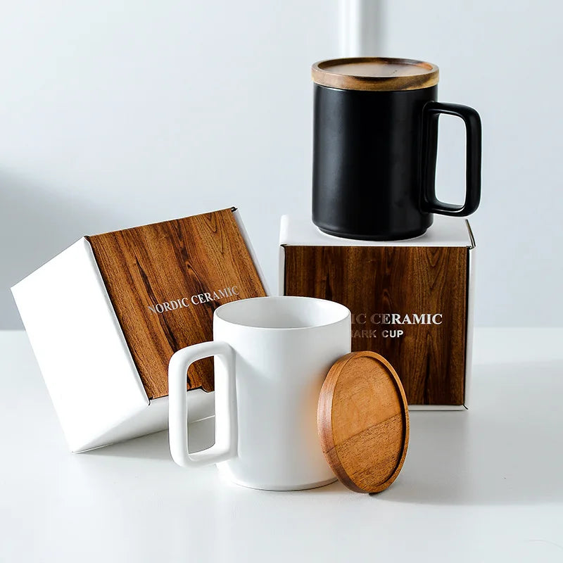 15oz 450ml Nordic Style Creative Coffee Cup Retro Ceramic Mug with Lid and Gift Box Custom logo