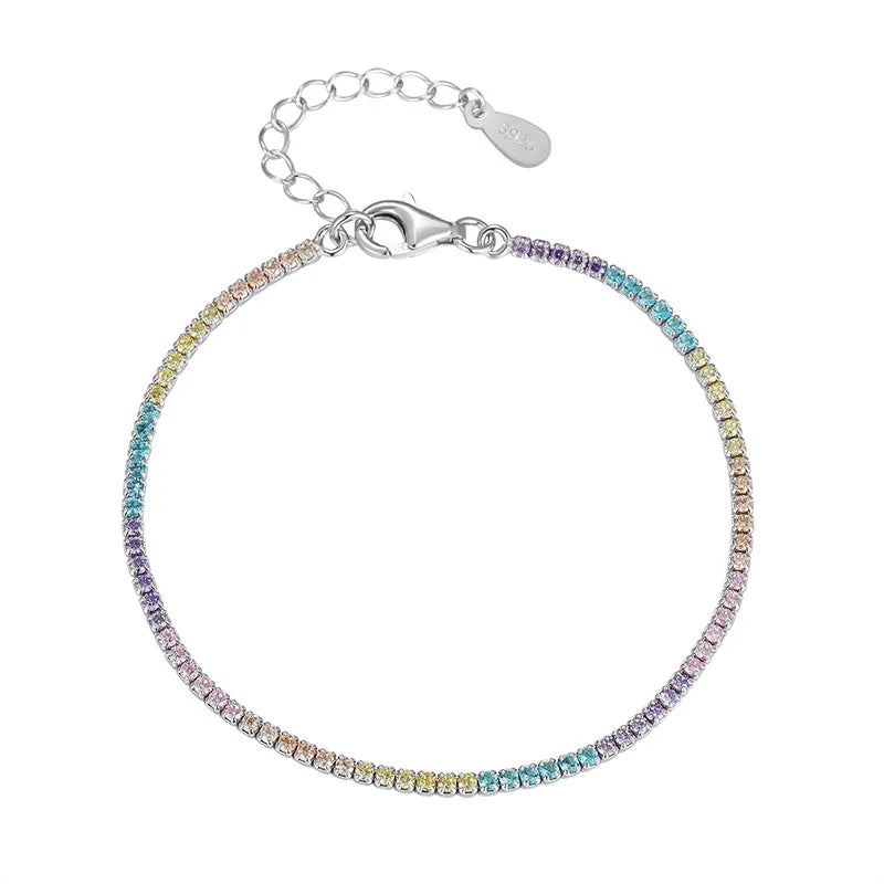 Women Bracelet Rhodium Plated 925 Sterling Silver 1.5mm Round Cubic Zirconia Classic rainbow Tennis Bracelet