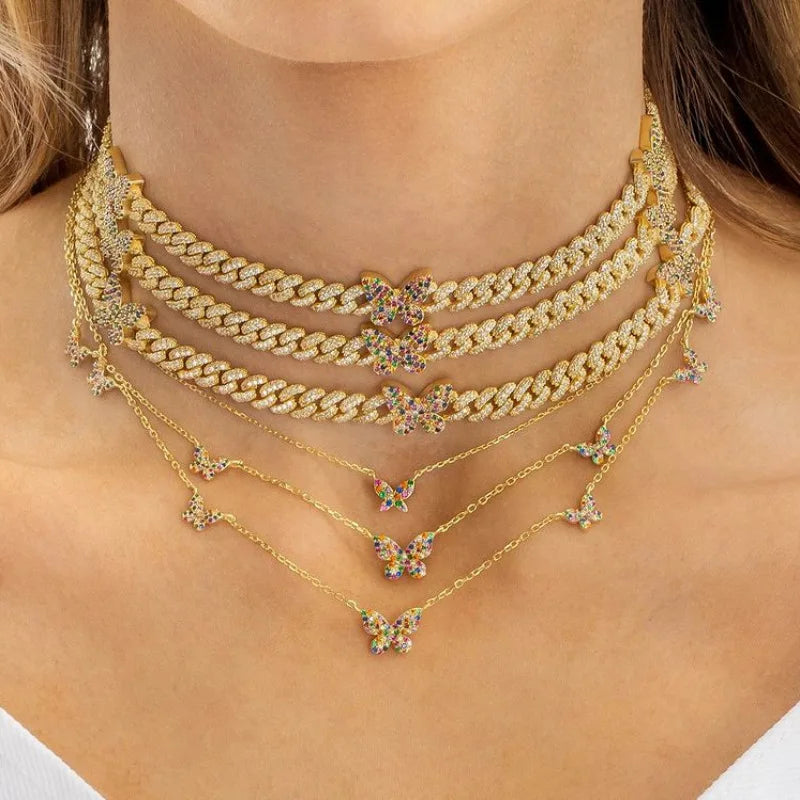 Ins Hot Selling Zircon Butterfly Chain Necklace 18K Gold Pendant Jewelry Color Zirconium Butterfly Bracelet Anklet for Women