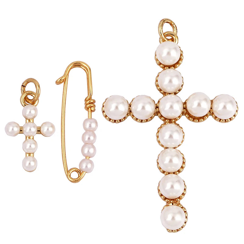 Safety Pin Cross Pearl Charm Pendant for Necklace Bracelet Earring Attachment Handmaking Summer Christmas Jewellery Findings L36