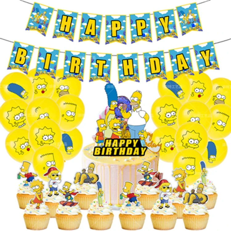 Simpsons Party Supplies Simpson's Birthday Party Set Includes Happy Birthday Banner Cake Toppers Birthday Balloon for Kids X4175