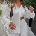 Casual Chic Solid Color Long Sleeve Button Down Shirts and Straight Leg Trousers Set Women Two-piece Pleated Pants Suits