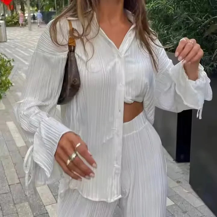 Casual Chic Solid Color Long Sleeve Button Down Shirts and Straight Leg Trousers Set Women Two-piece Pleated Pants Suits