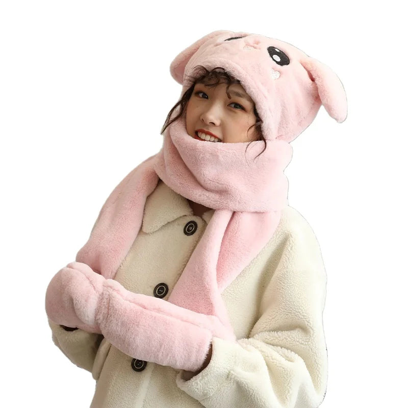 Fashion Winter Warm Cute Fluffy Fur Ski Hooded Bunny Hat Scarf and Gloves Set