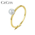 CZCITY Wholesale Gold Plated Pearl Rings Single Big Round Glass Pearl Women Wedding Finger Ring
