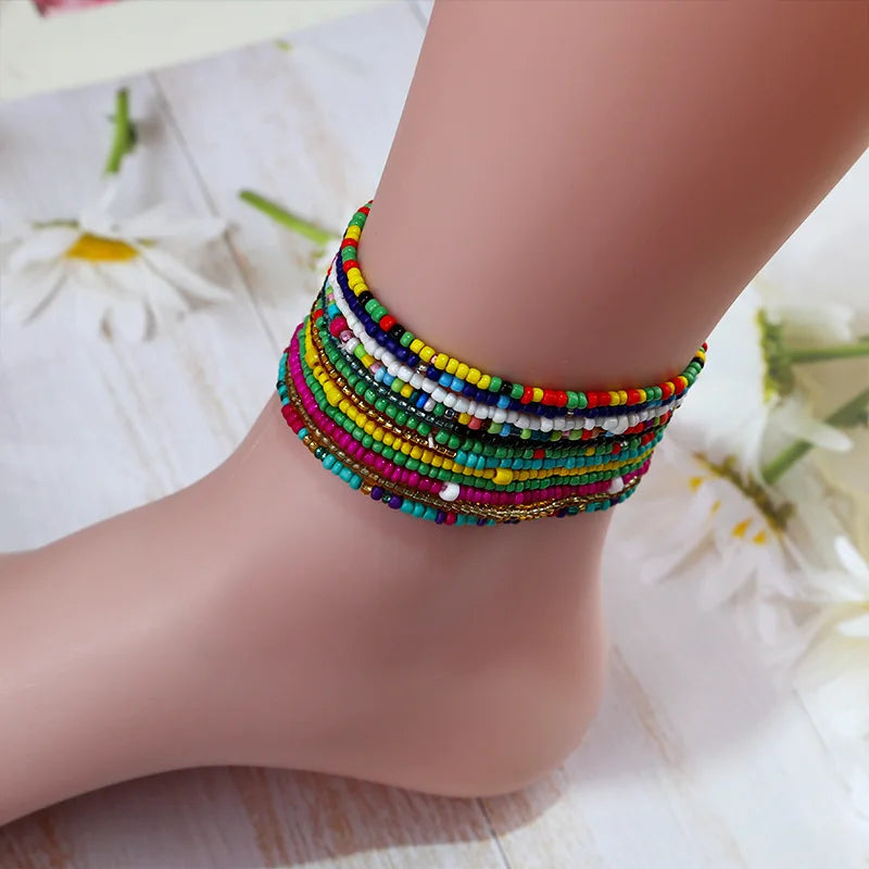 Vintage Adjustable Weave Rope Chain Anklet Bohemian Colorful Beads Sequin Anklet for Women