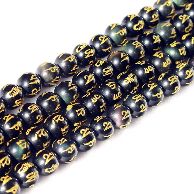 Natural Obsidian Gold-plated Sanskrit Loose Beads Om Mani Padme Hum Strands Beads for Jewelry Making