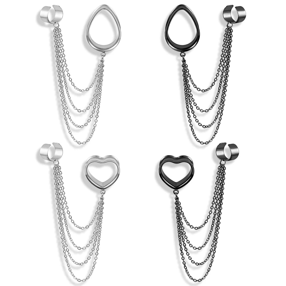 Evorte Children's Tibetan Silver Stainless Steel Water Drops Ear Chain Clip-on Cuff Earring Heart Tassel Ear Tunnel Gauges Plugs