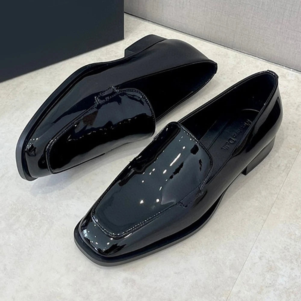 Women's Shoes Square Toe Cowhide Bright Leather Low Heel One Foot Stirrup Patent Leather British Style Single Formal Shoes