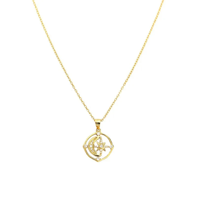 Octagram & Moon Women Fashion Jewelry Diamond Cubic Zirconia Platinum/14k Gold Plated 925 Sterling Silver Pendant Necklace