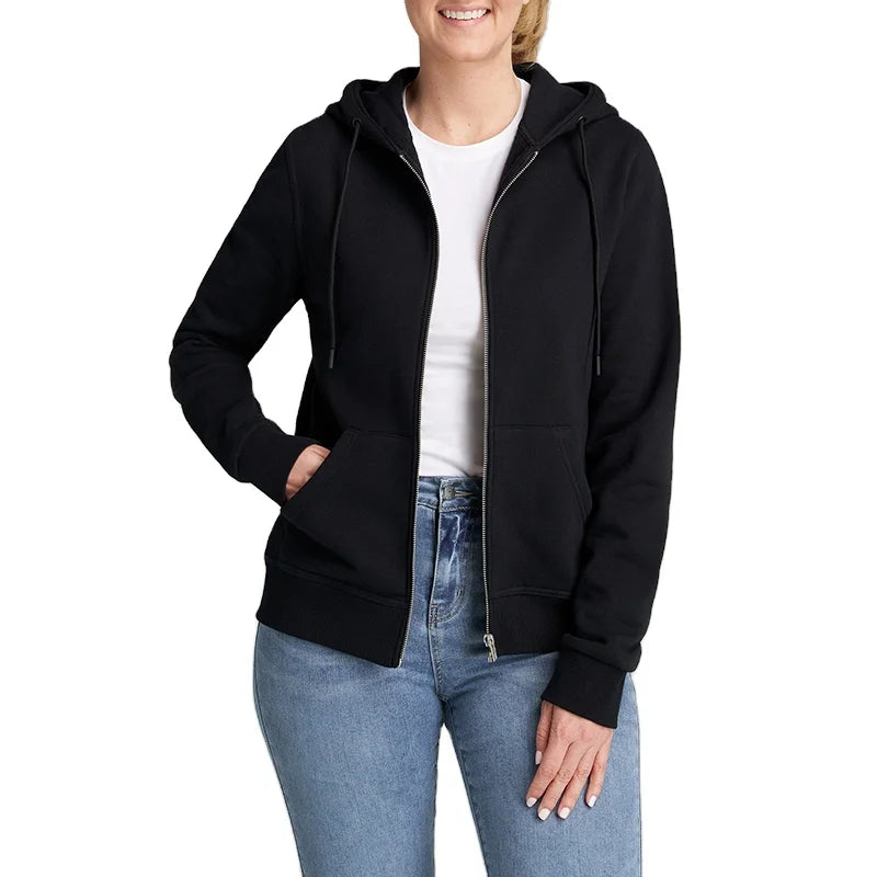 Custom Women's Full Zip-up Hoodie Jacket with Kangaroo Pocket Soft Breathable Cotton Fleece with Puff Printing Logo Tags Winter