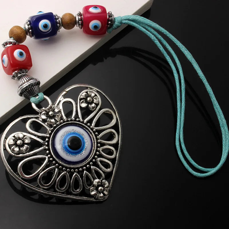 Turkish Blue Eye Pendant Wax Rope Beaded Square Beads Eye Heart Pendant Bag Hanging Car Pendant