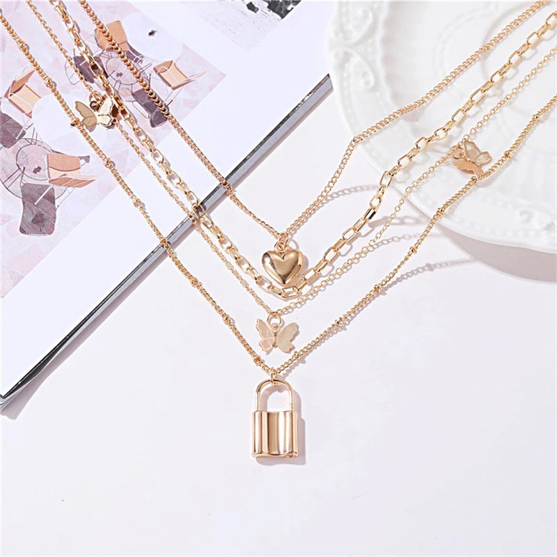 Gold Plated Three Layered Heart Butterfly Lock Necklace