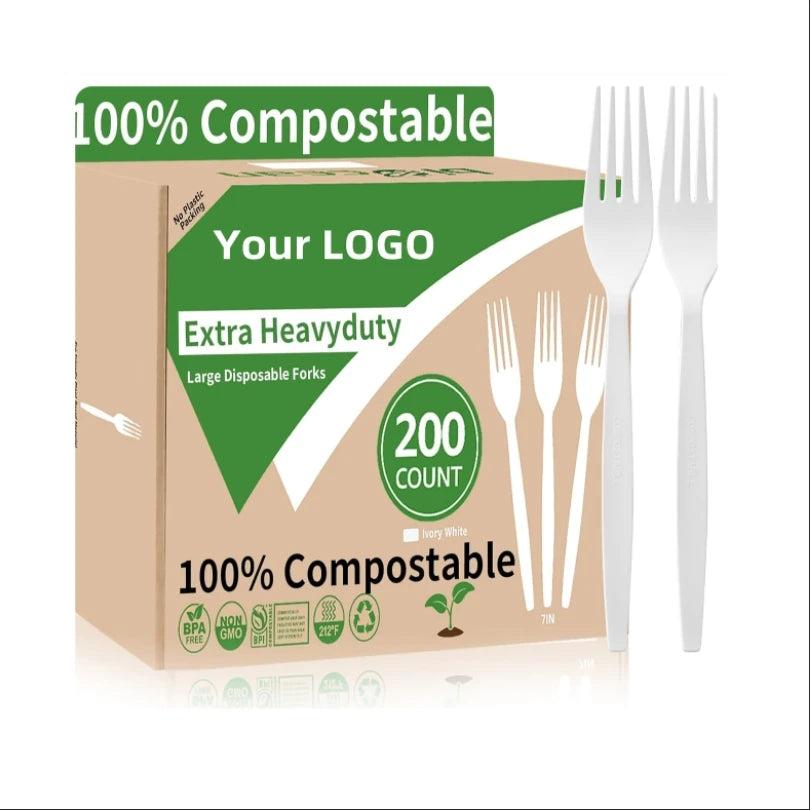 100% Compostable CPLA Heavy Duty Disposable Forks Eco Friendly 200 Count 7Inch Biodegradable Cutlery Giveaways