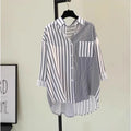 Boutique Wholesale 2026 Autumn New Item Single Pocket Color Blocked Vertical Stripe Cotton Linen Women's Shirt
