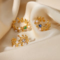Pearl Zircon Leaf Open Ring Stackable Stainless Steel 18k Gold Plated Adjustable Olive Branch Ring
