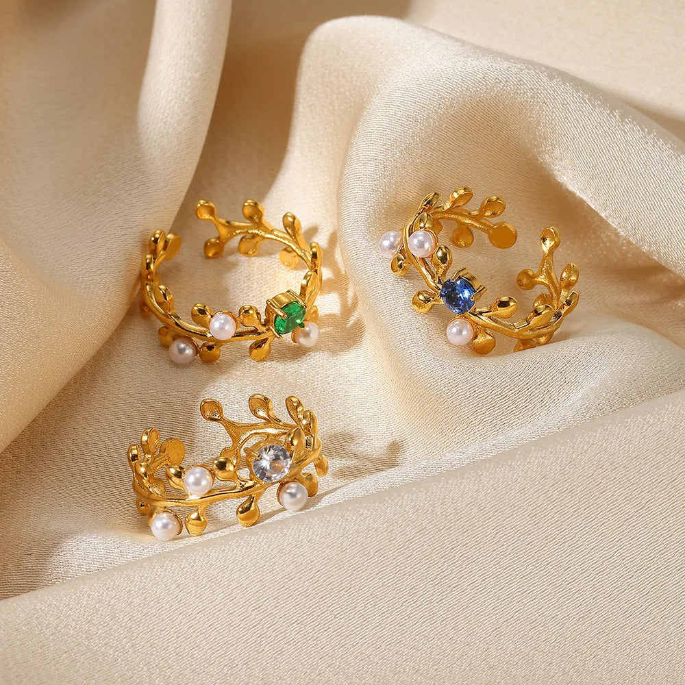 Pearl Zircon Leaf Open Ring Stackable Stainless Steel 18k Gold Plated Adjustable Olive Branch Ring