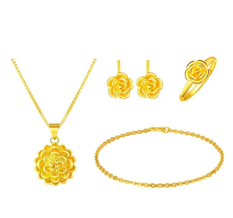 Dubai Gold Brass Gold Plated  Four Piece Set 18k Gold Plated  Bracelet Flower Love Peach Bracelet Necklace Frosted Stud Earrings