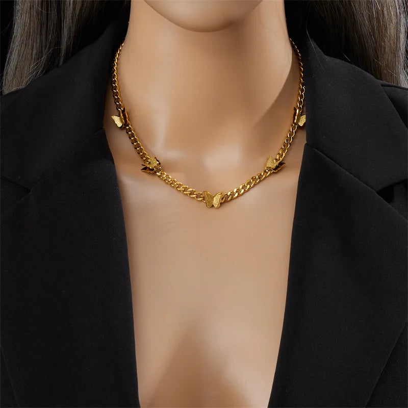 Simple Fashion 18k Gold Plated Chain Necklace Jewelry Stainless Steel Butterfly Necklace for Women