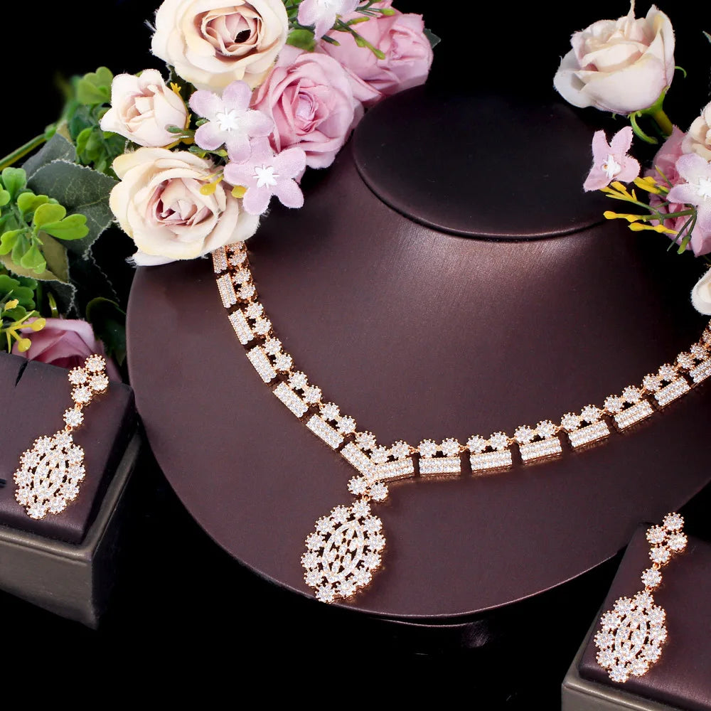 Retro Full Cubic Zirconia Crystal African Bridal Wedding Costume Necklace and Earrings Dubai Gold Plated Jewelry Sets for Women