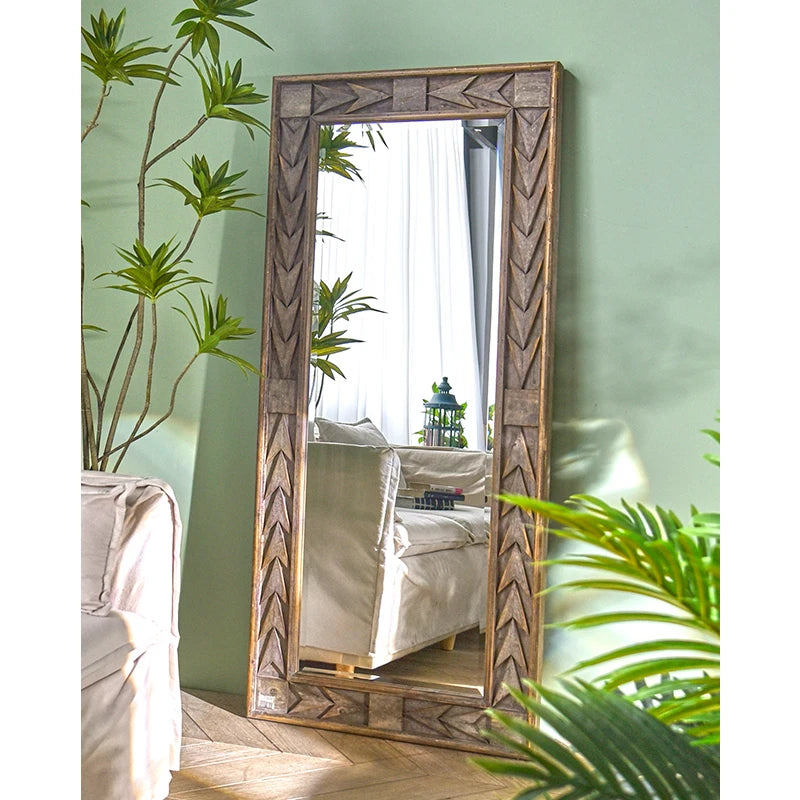 Innova Home Large Decorative Rustic Rectangle Full-Length Dressing Floor Mirror Framed Wooden Carving Glass Beautiful Pattern