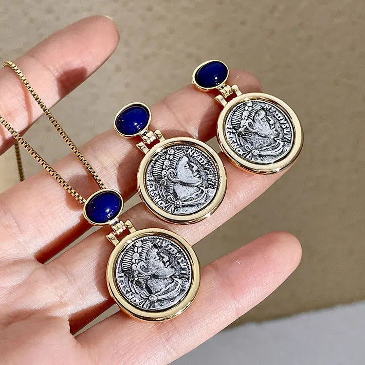 Medieval Palace Lapis Lazuli Necklace Vintage Gold Plated Brass Ancient Silver Human Portrait Coin Pendant Necklace Earrings